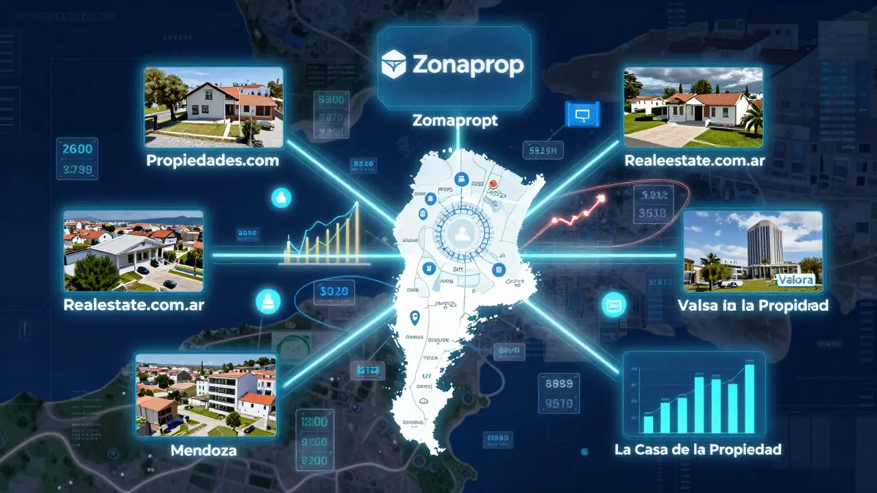Ilustración digital de cinco plataformas de valuación inmobiliaria con datos flotando sobre un mapa de Argentina.