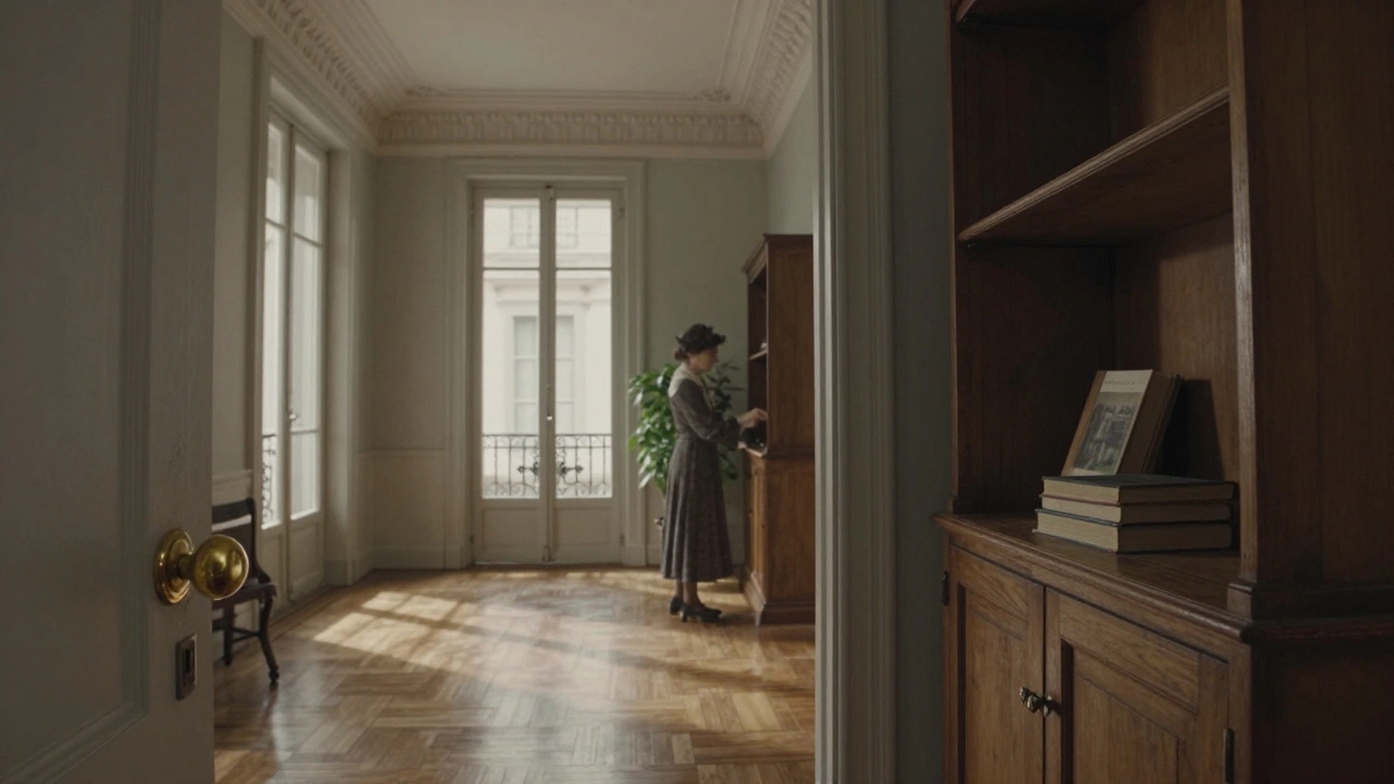 Interior de departamento histórico en Monserrat con pisos de parqué, techos altos y luz cálida entrando por ventanas grandes.
