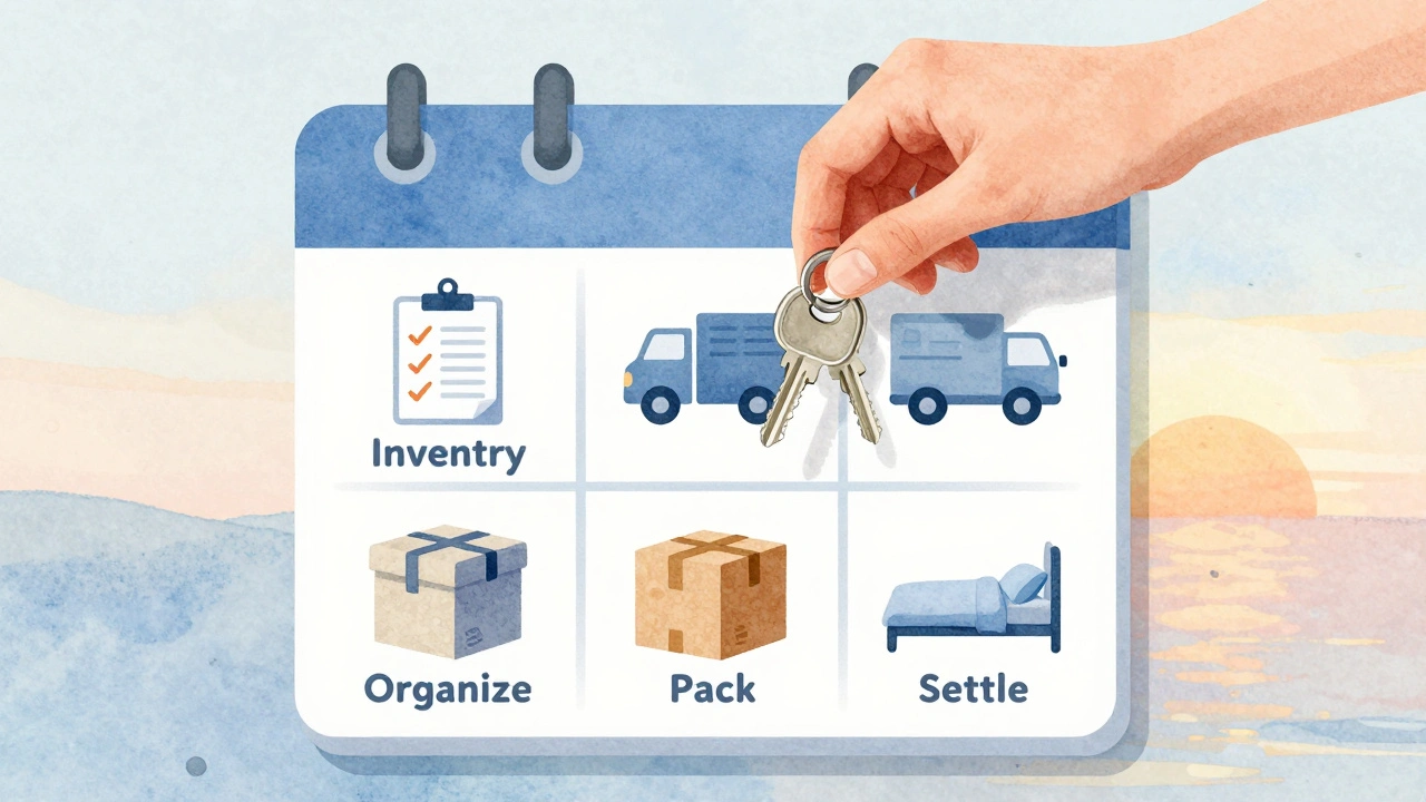 Mano colocando una llave en una cerradura en forma de calendario con etapas de mudanza simbolizadas.