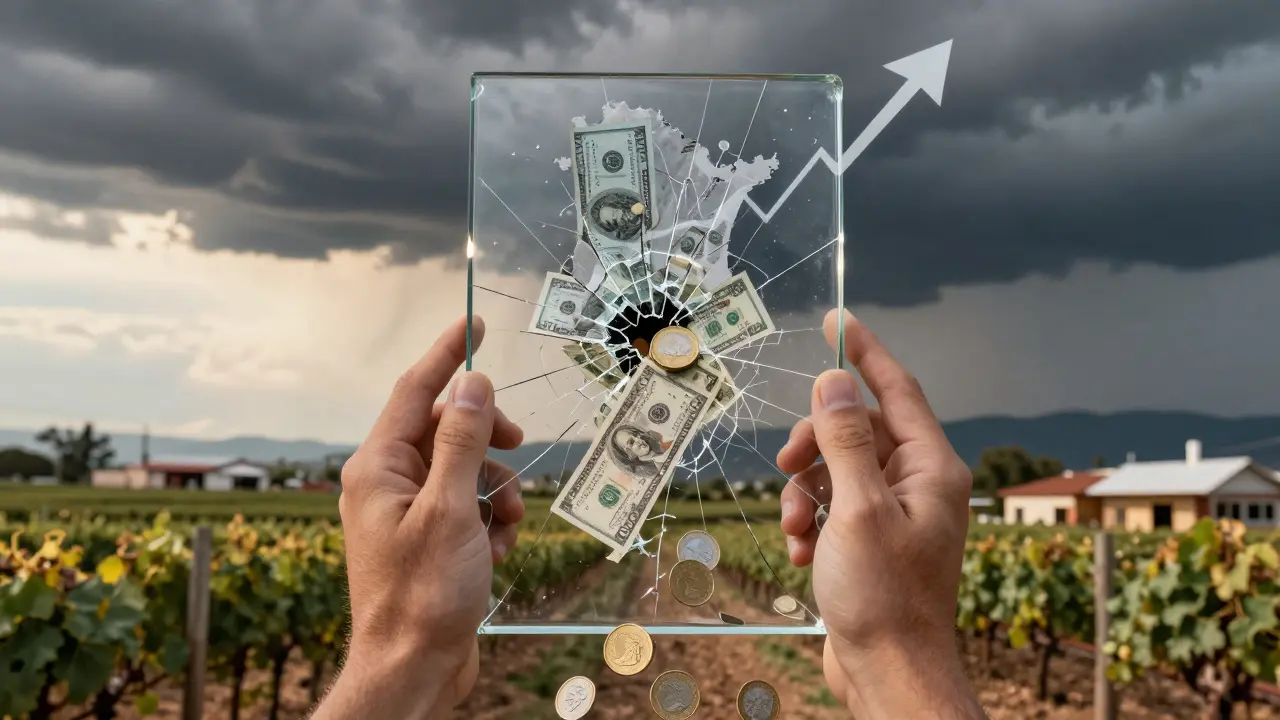 Manos sostienen un mapa de Argentina agrietado mientras billetes y monedas caen, con una nube de tasas crecientes al fondo.