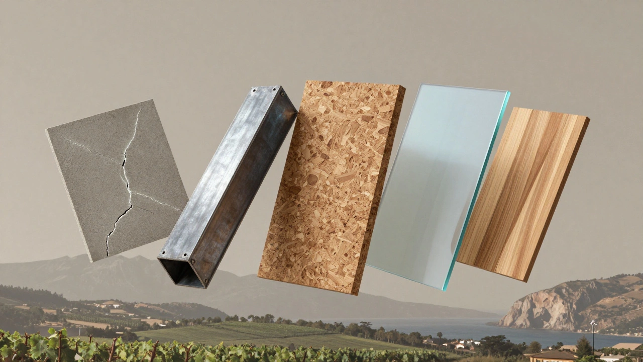 Materiales sostenibles de lujo: biocemento, acero reciclado, corcho, vidrio fotovoltaico y madera con resinas vegetales.