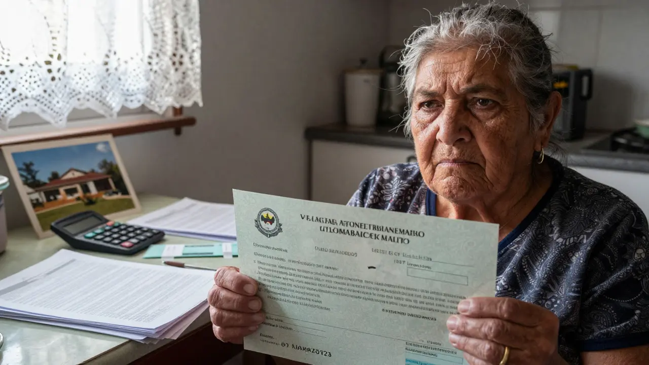 Mujer mayor sosteniendo el título de propiedad y recibo de servicios en su cocina en Mendoza.