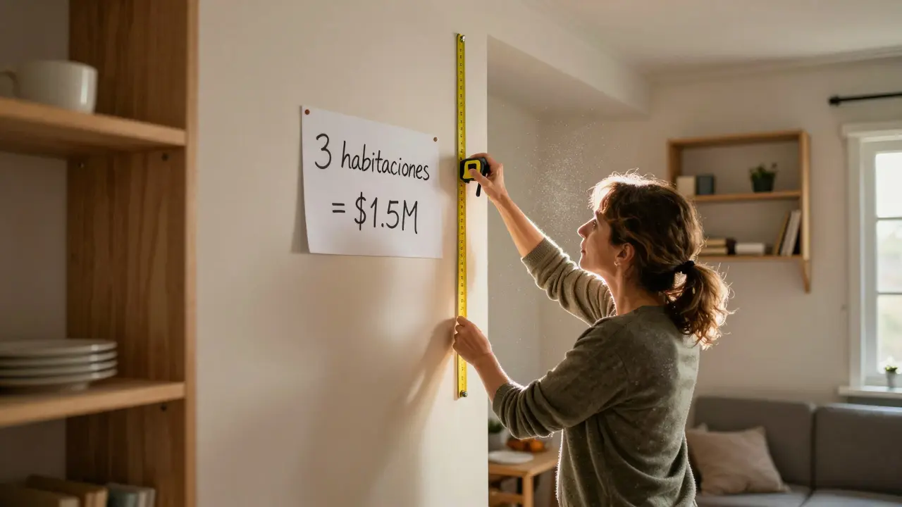 Mujer mide una habitación en una casa grande, imaginando dividirla en tres departamentos para alquilar.