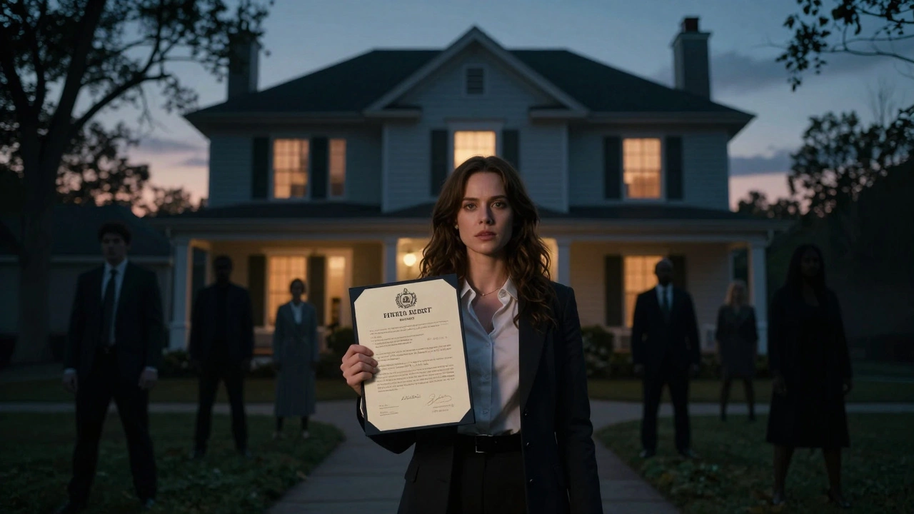 Mujer sostiene escritura de propiedad mientras amenazas legales se desvanecen tras ella.