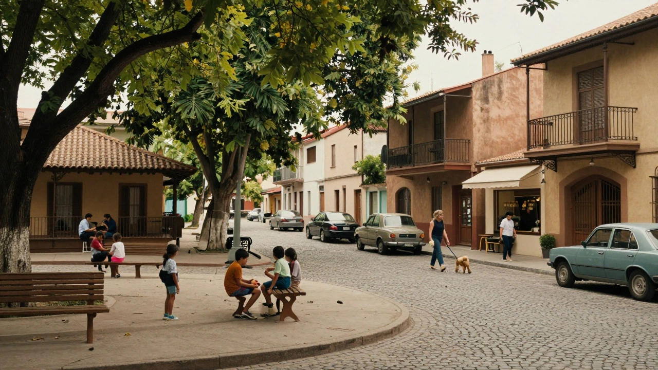 Niños jugando junto a una plaza circular en Parque Chas, vecinos charlando en las veredas.