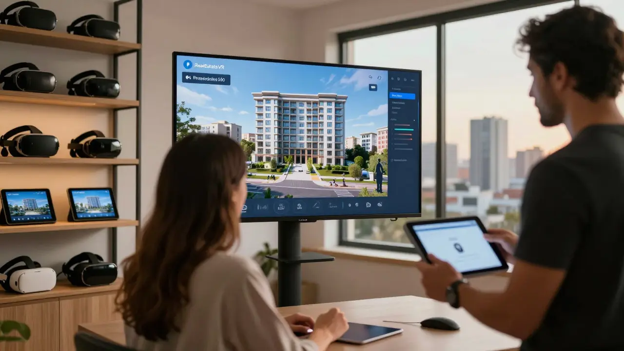 Pareja observando un recorrido virtual de una propiedad en una pantalla interactiva en una oficina inmobiliaria argentina.