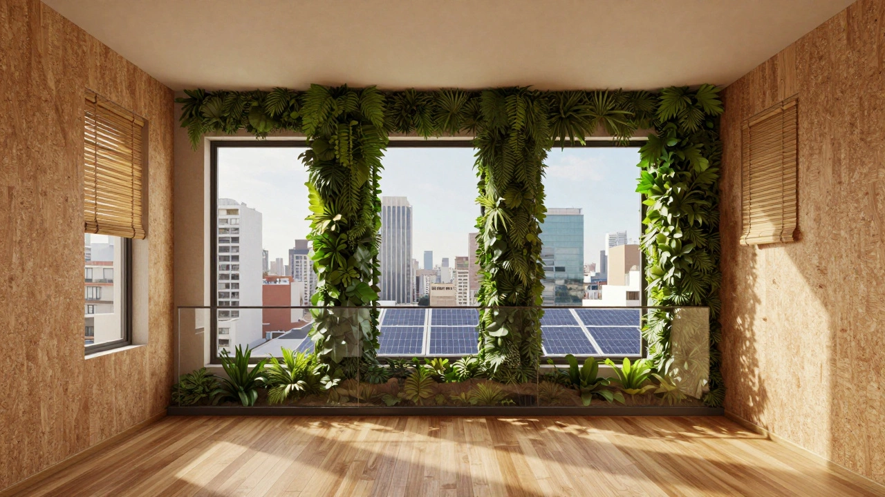Penthouse en Buenos Aires con fachadas vegetales y ventanas solares, luz natural filtrada por persianas de bambú.