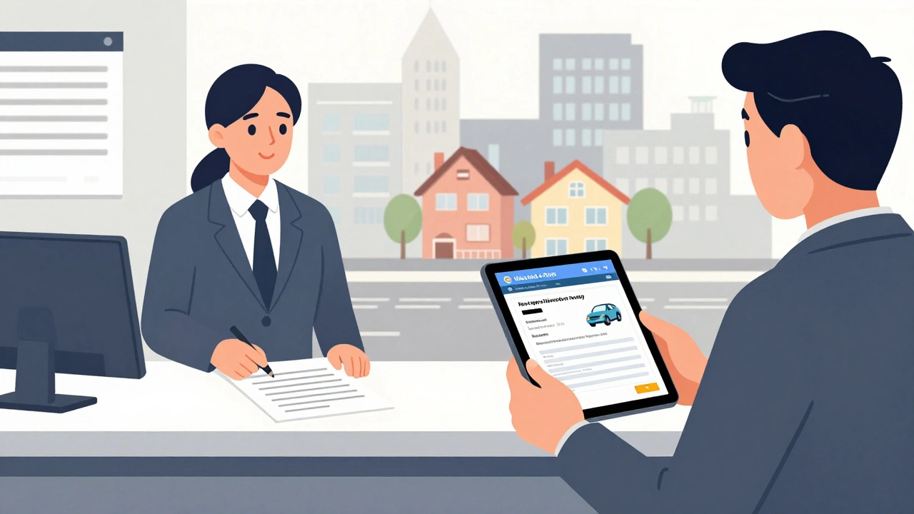 Persona en sucursal bancaria entrega documentos mientras recibe confirmación digital de seguro.