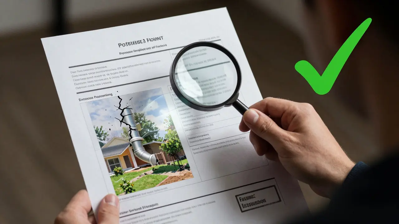 Persona examinando un informe de propiedad con superposiciones de problemas ocultos y sello de tasador profesional.