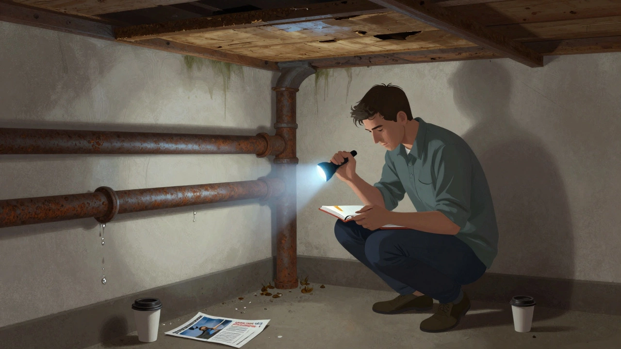 Persona revisa tuberías oxidadas y humedad en el sótano con cuaderno y linterna.