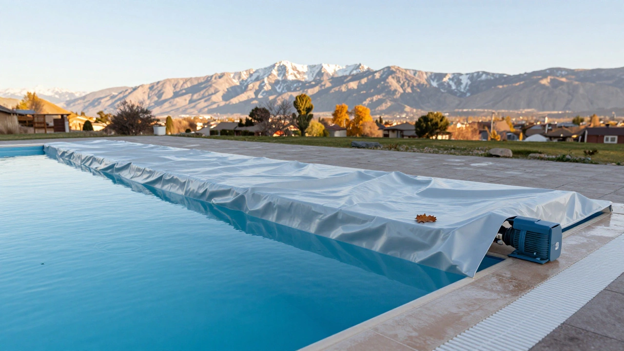 Piscina cubierta en invierno en Mendoza, con nivel de agua reducido y manta térmica, al pie de los Andes.