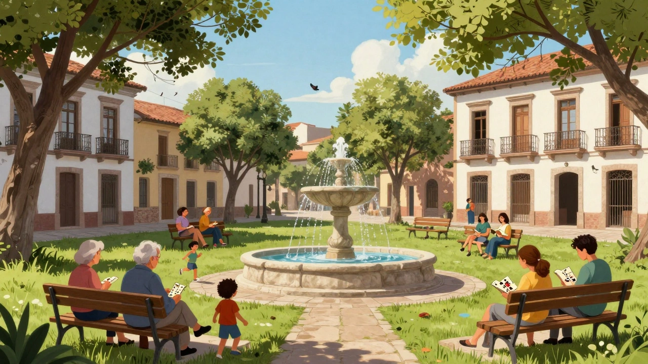 Plaza de Agronomía con fuente de piedra, personas sentadas y niños jugando bajo árboles.