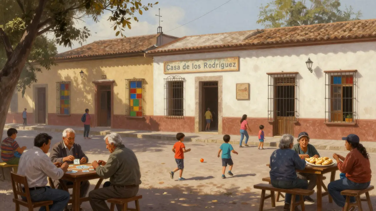 Plaza de Villa Real el domingo: abuelos jugando a las cartas, niños corriendo y mujeres vendiendo empanadas.