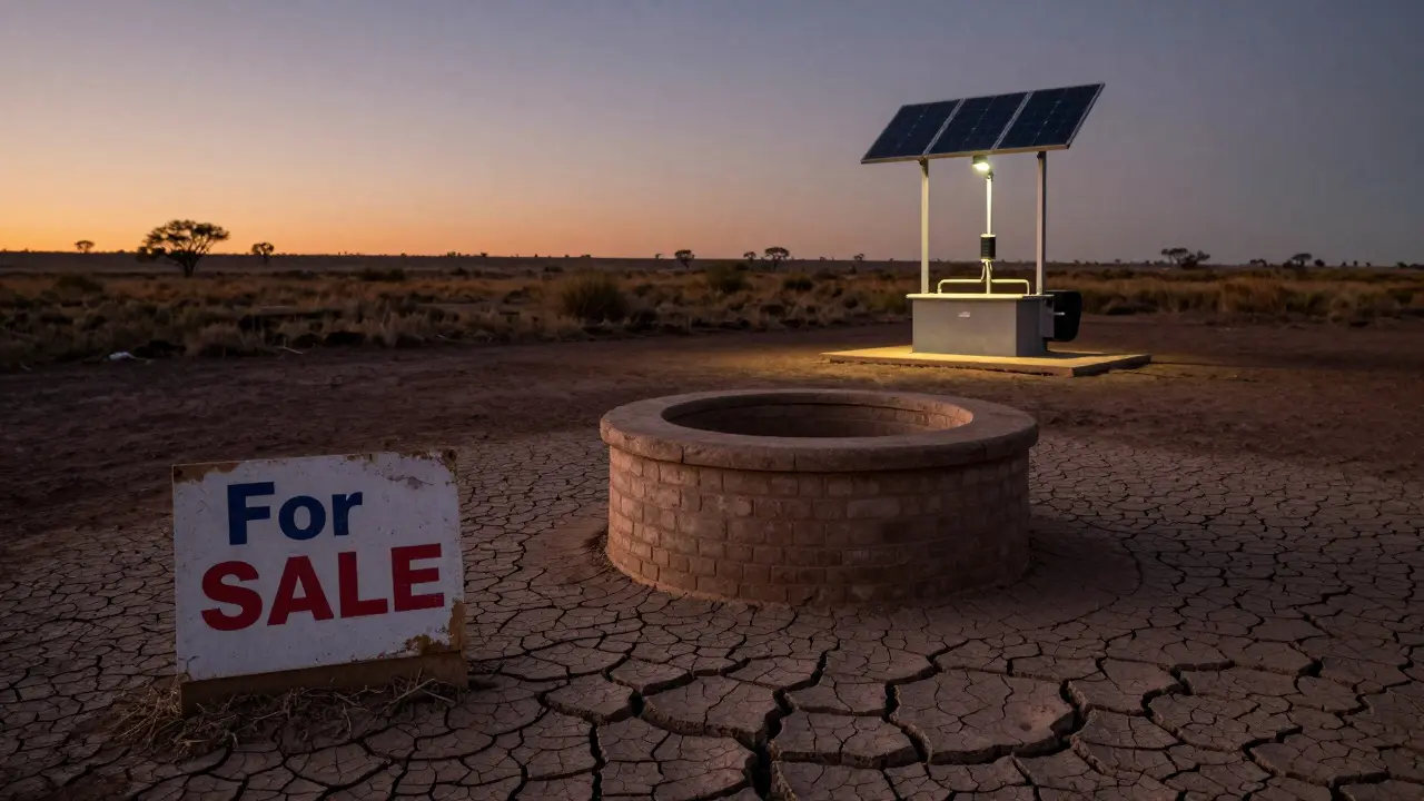 Pozo seco en el norte de Argentina con suelo agrietado y un pozo funcional con sistema de filtración al fondo al atardecer.
