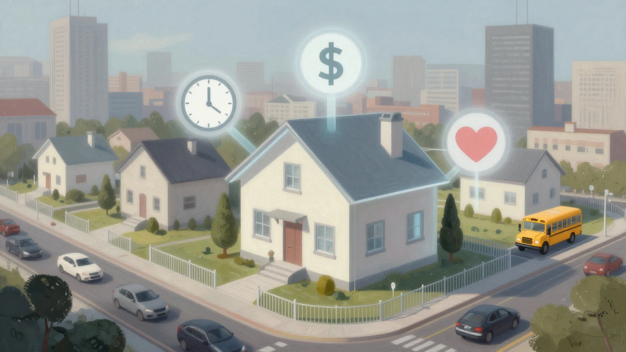 Representación visual de los ahorros de tiempo y dinero al vivir en un barrio cerrado con amenidades integradas.