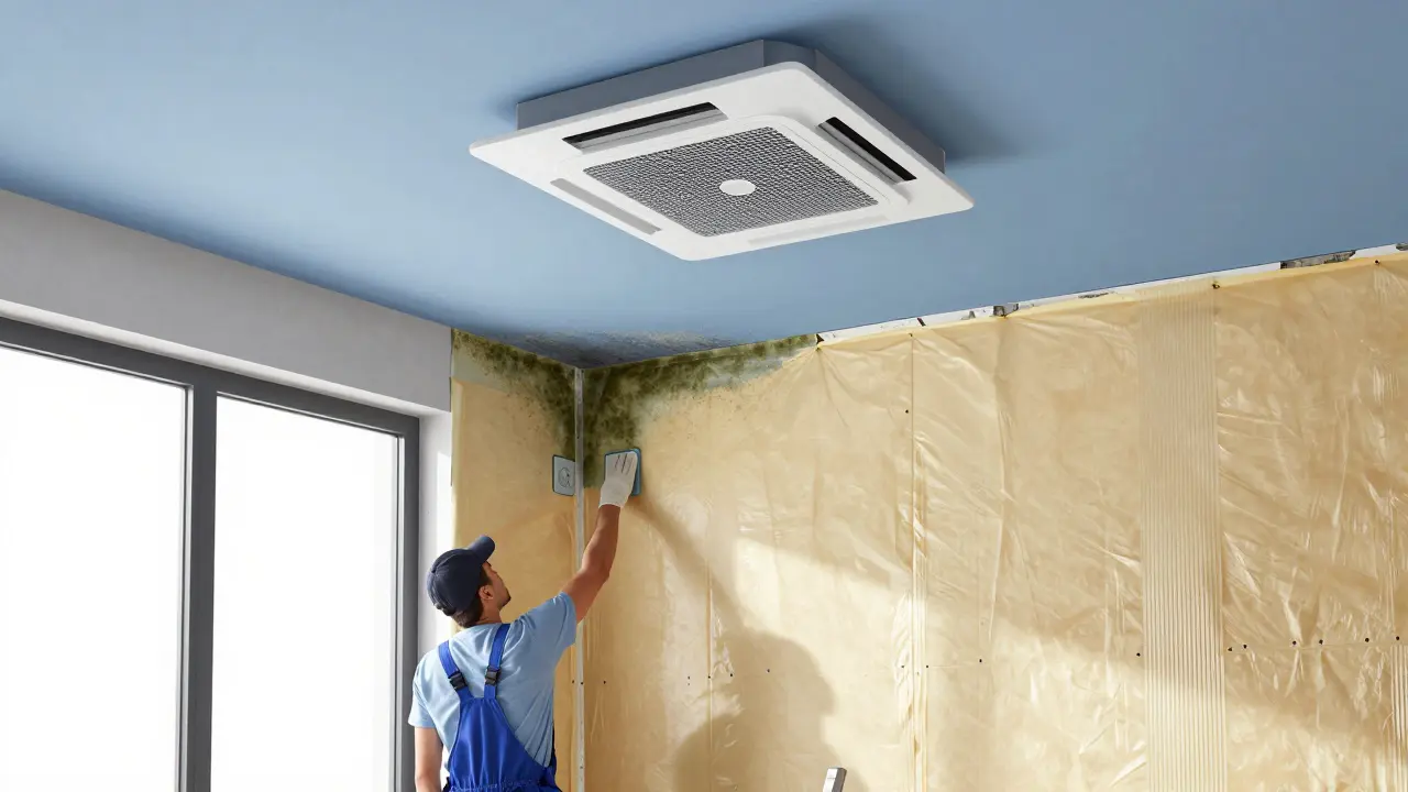 Trabajador aplicando aislamiento térmico mientras crece moho en la esquina de una pared antigua.