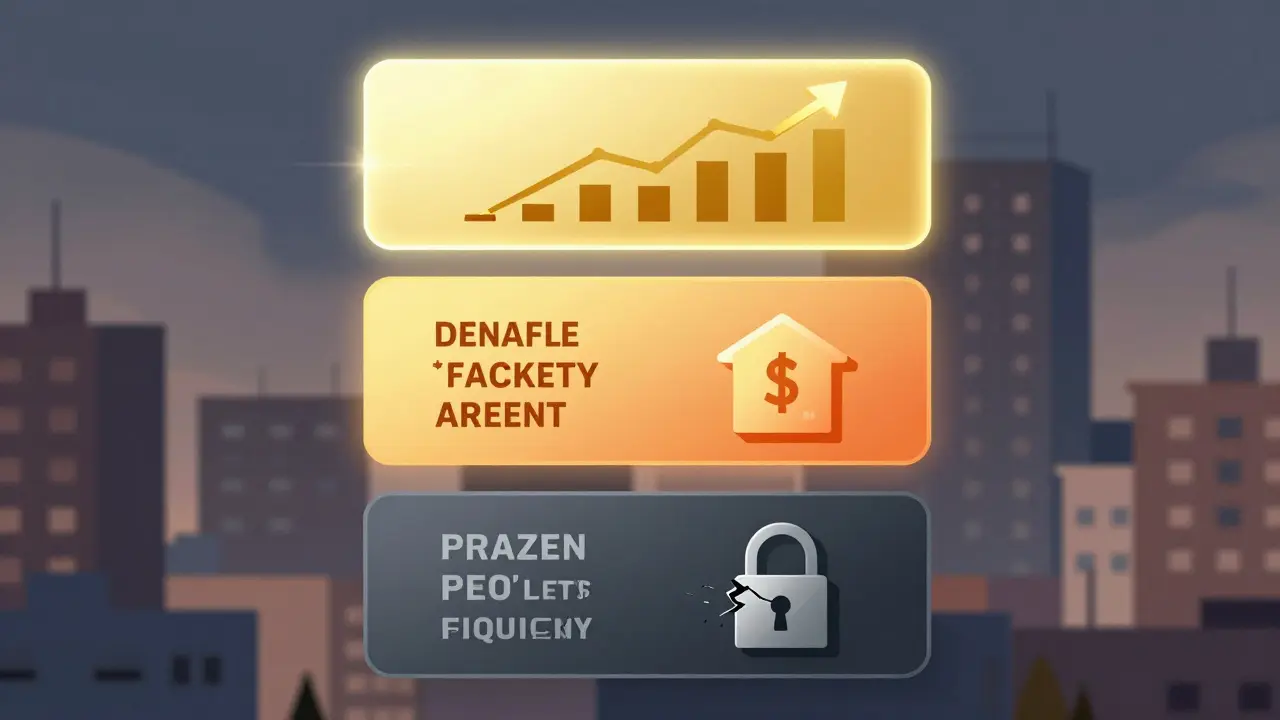 Tres escenarios financieros de alquiler flotantes sobre un skyline: optimista, realista y pesimista, sin texto, estilo conceptual.