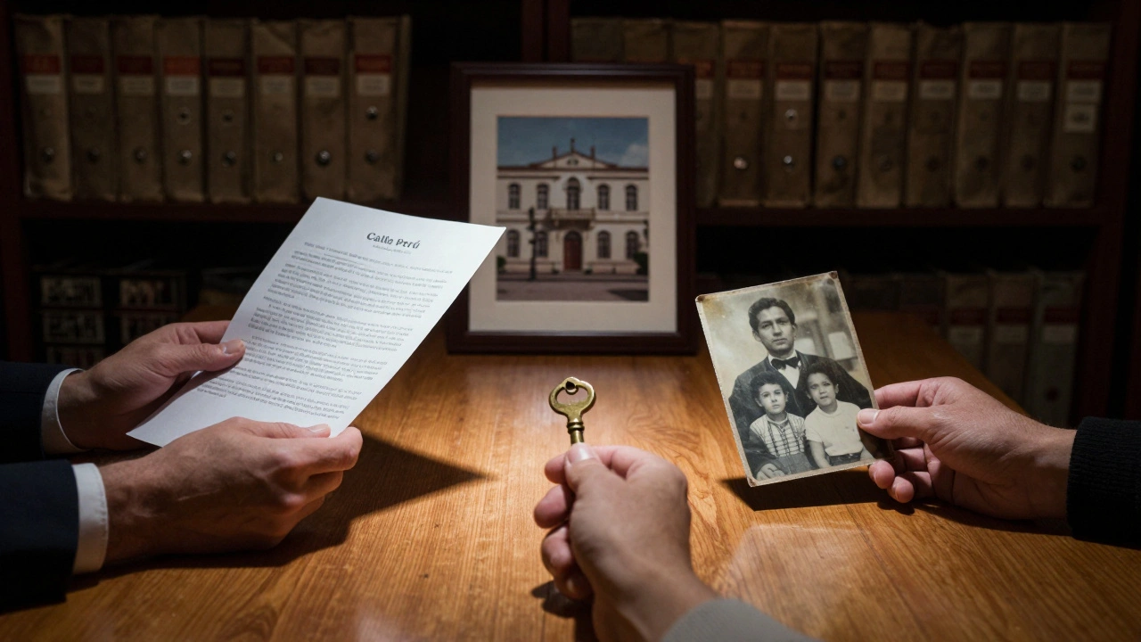 Tres manos sobre una mesa de madera con un documento, una llave y una foto familiar, en una oficina antigua de Monserrat.