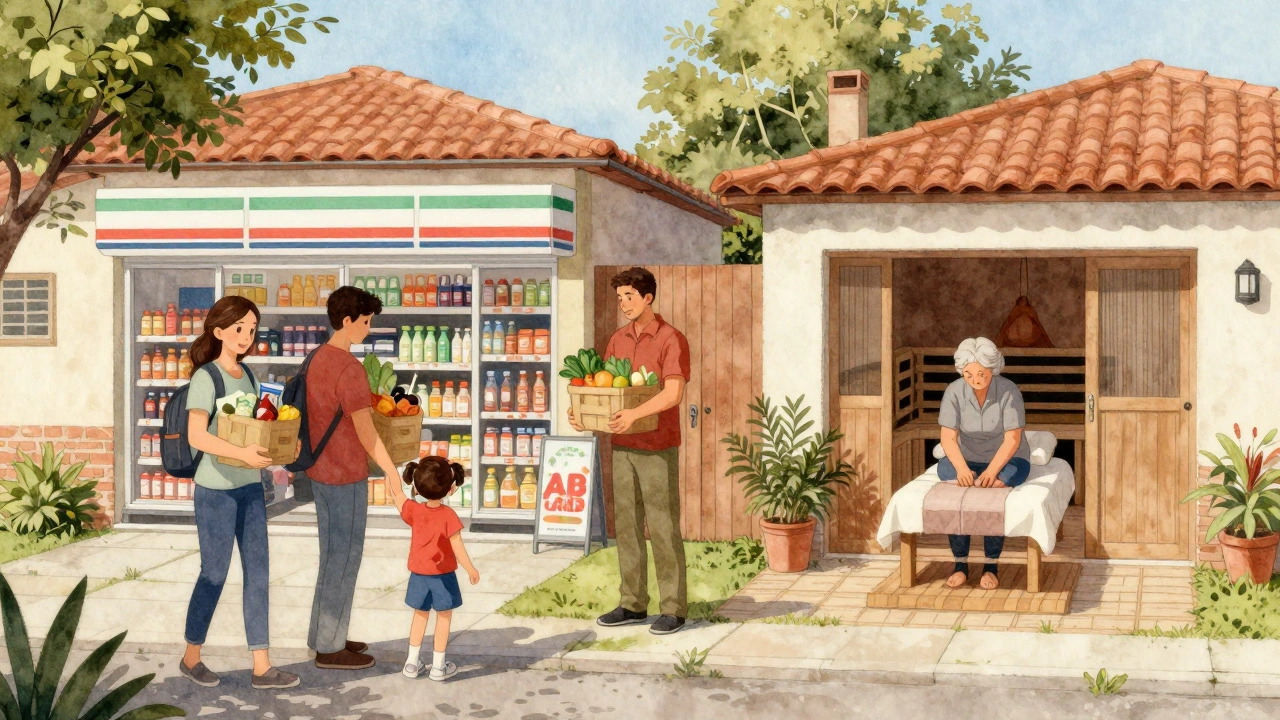 Una madre deja a su hijo en la escuela del barrio, mientras otros residentes usan servicios dentro del complejo.