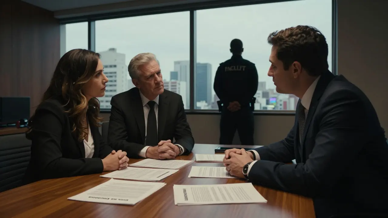 Abogado y contador asesorando a una pareja sobre planificación de herencia en oficina.