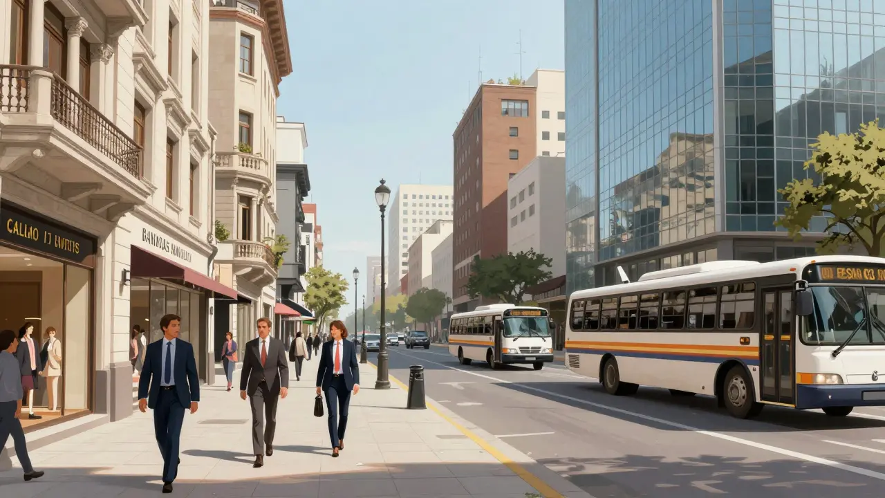 Avenida Santa Fe en Barrio Norte con comercios de lujo y arquitectura histórica contemporánea.