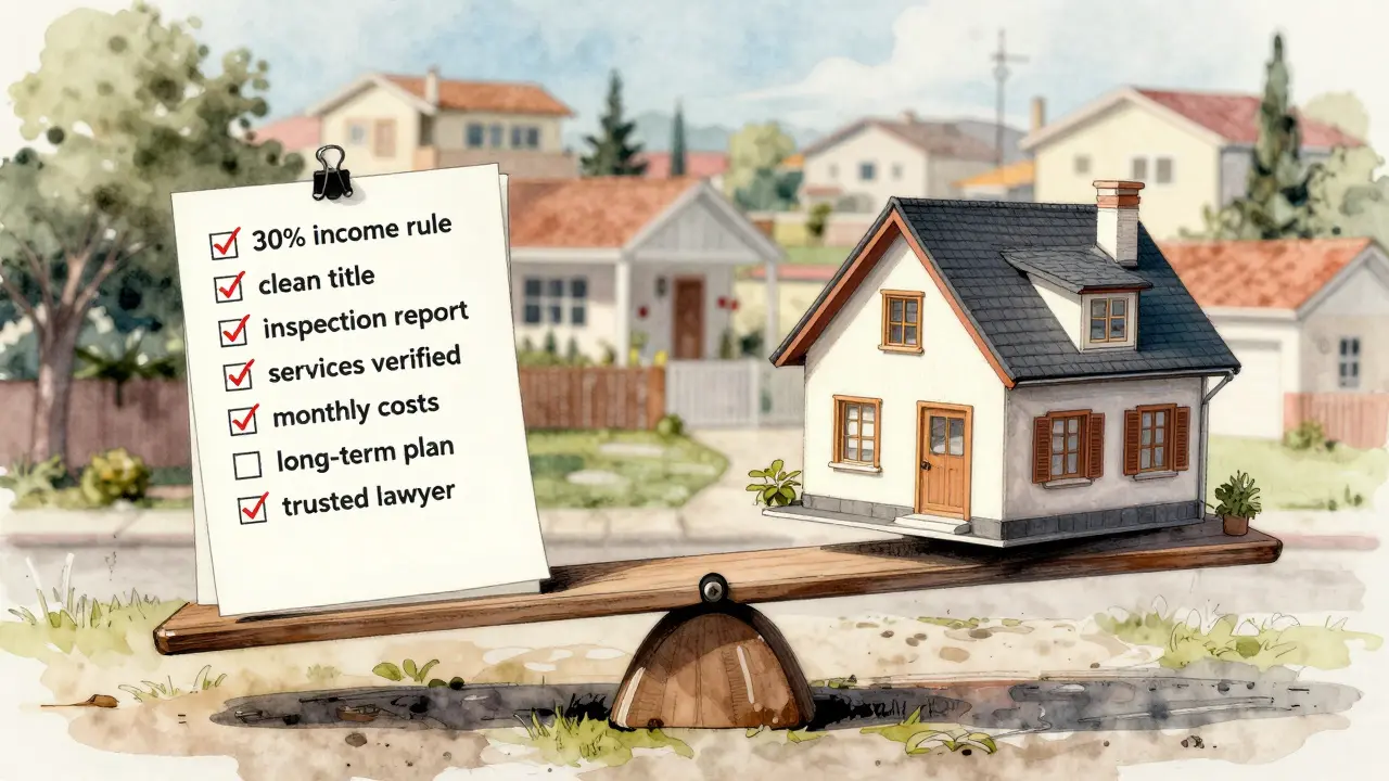 Balanza con una casa lujosa frente a un checklist de 7 criterios esenciales para comprar vivienda.