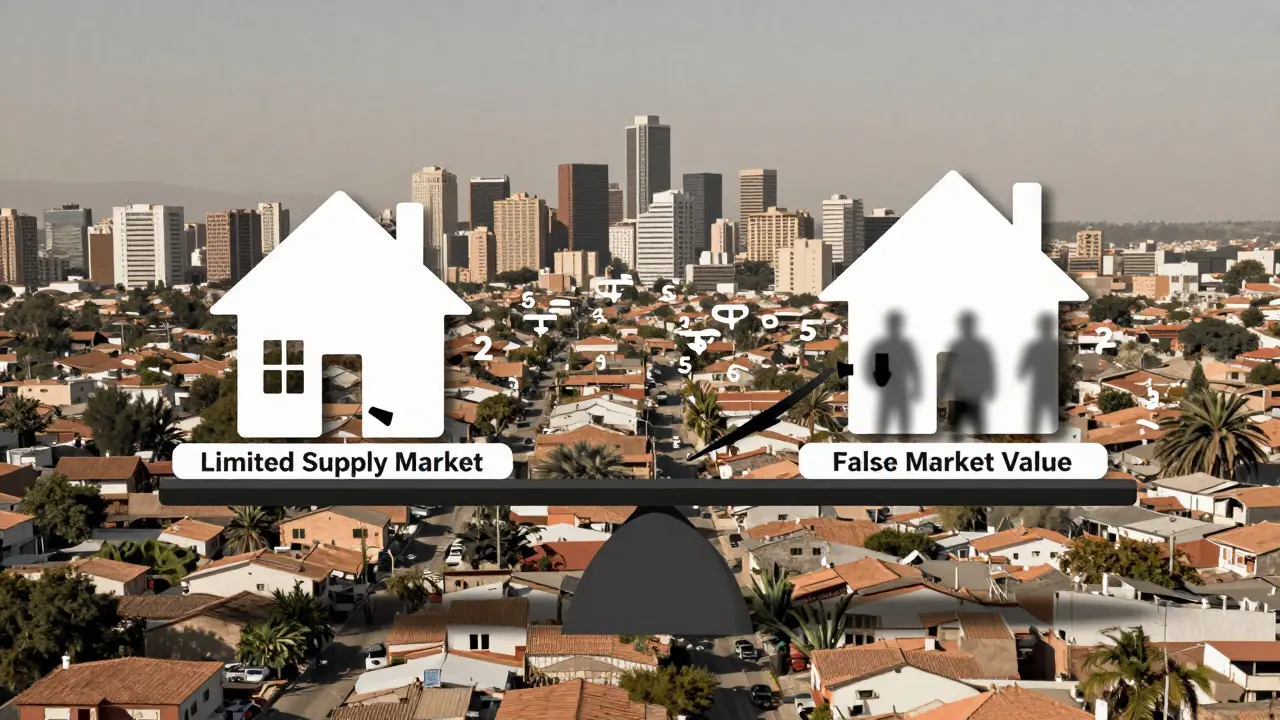 Balanza que compara valor real vs. precio distorsionado en un mercado con poca oferta inmobiliaria.