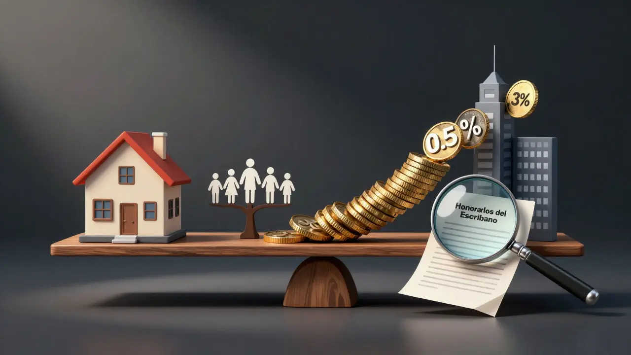 Balanza simbólica con bienes y porcentajes de honorarios de escribano, ilustración conceptual.