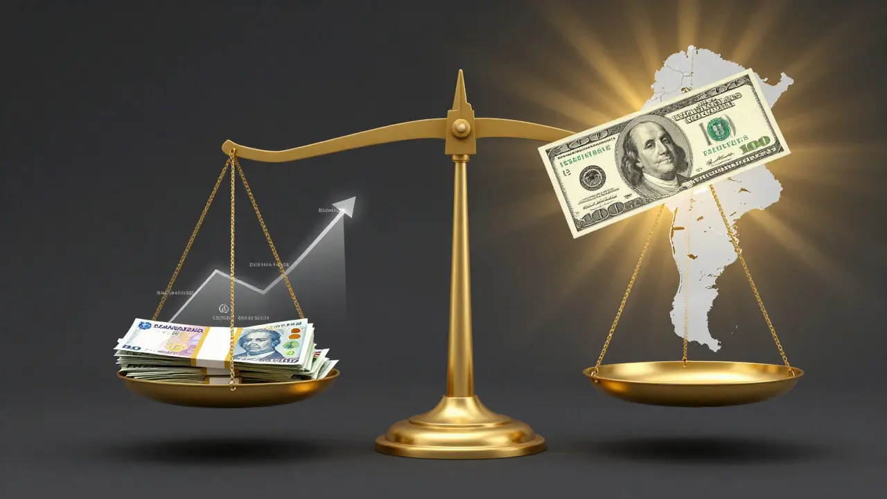 Balanza simbólica con pesos inflacionarios frente a dólares que representan estabilidad en Argentina.