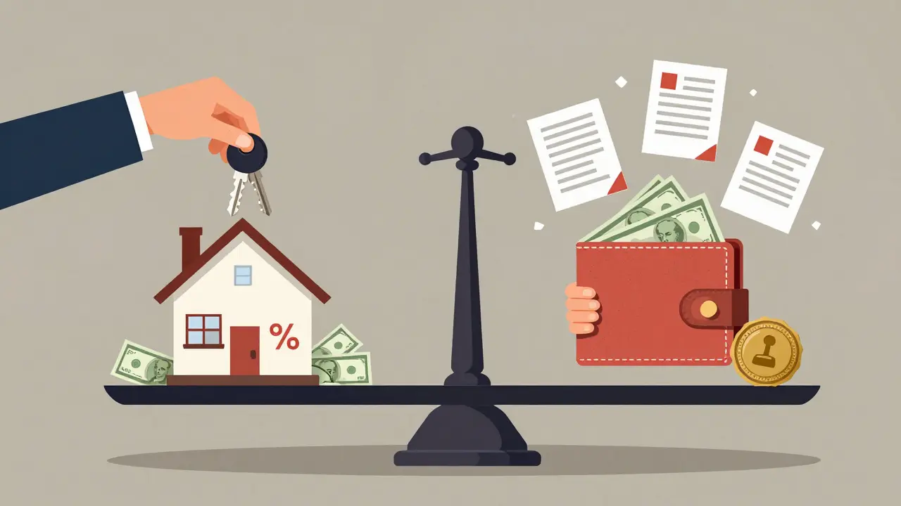 Balanza simbólica mostrando al vendedor y comprador pagando comisiones inmobiliarias en Argentina.