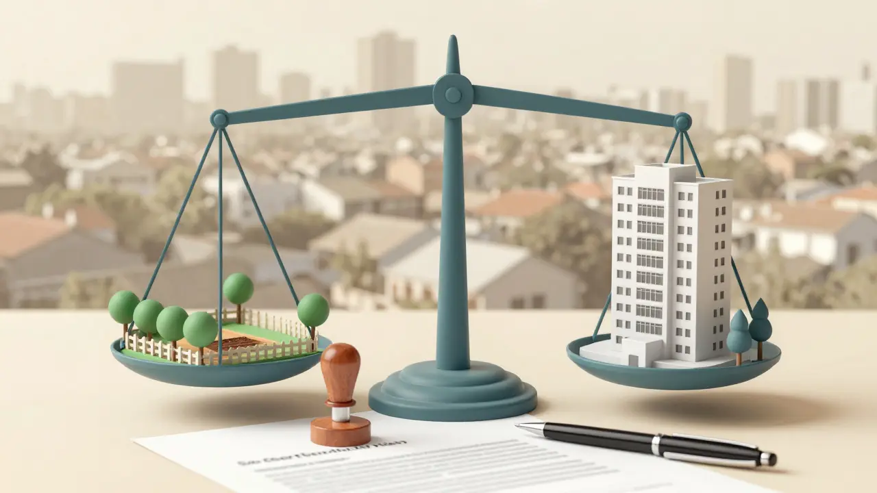 Balanza simbólica muestra terreno intercambiado por vivienda, con contrato y sello notarial.