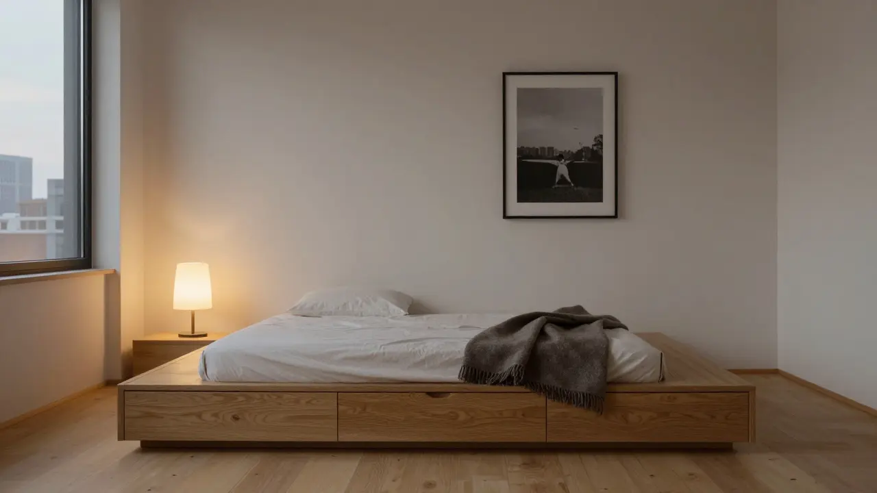 Cama baja de madera maciza con almacenamiento integrado, sin mesitas ni decoración, solo luz cálida y una ventana despejada.