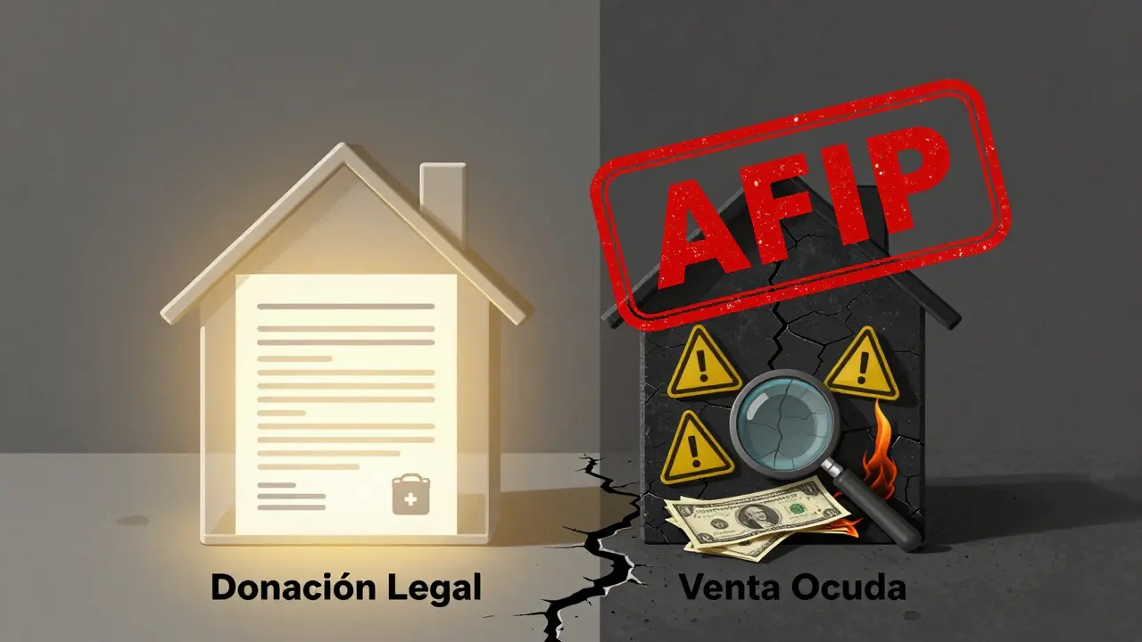 Casa dividida entre donación legal con impuestos bajos y venta oculta con advertencias y sello de AFIP.