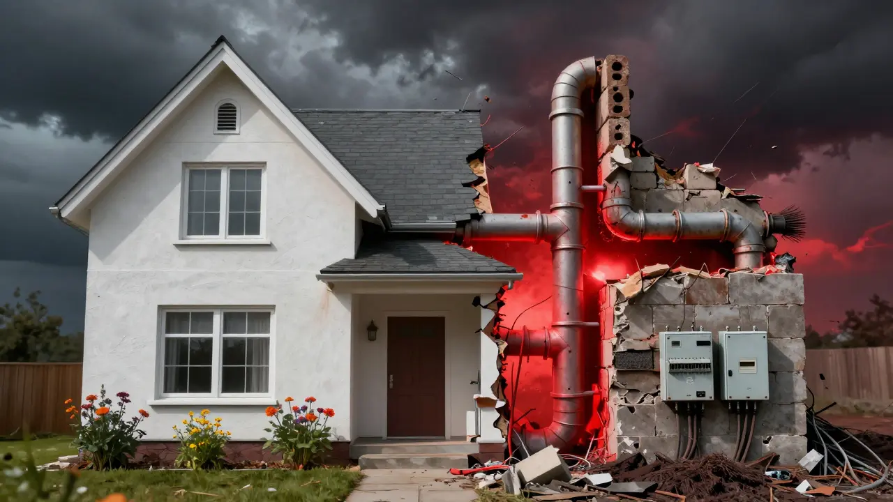 Casa dividida: fachada perfecta por fuera, instalaciones peligrosas y estructura dañada por dentro.