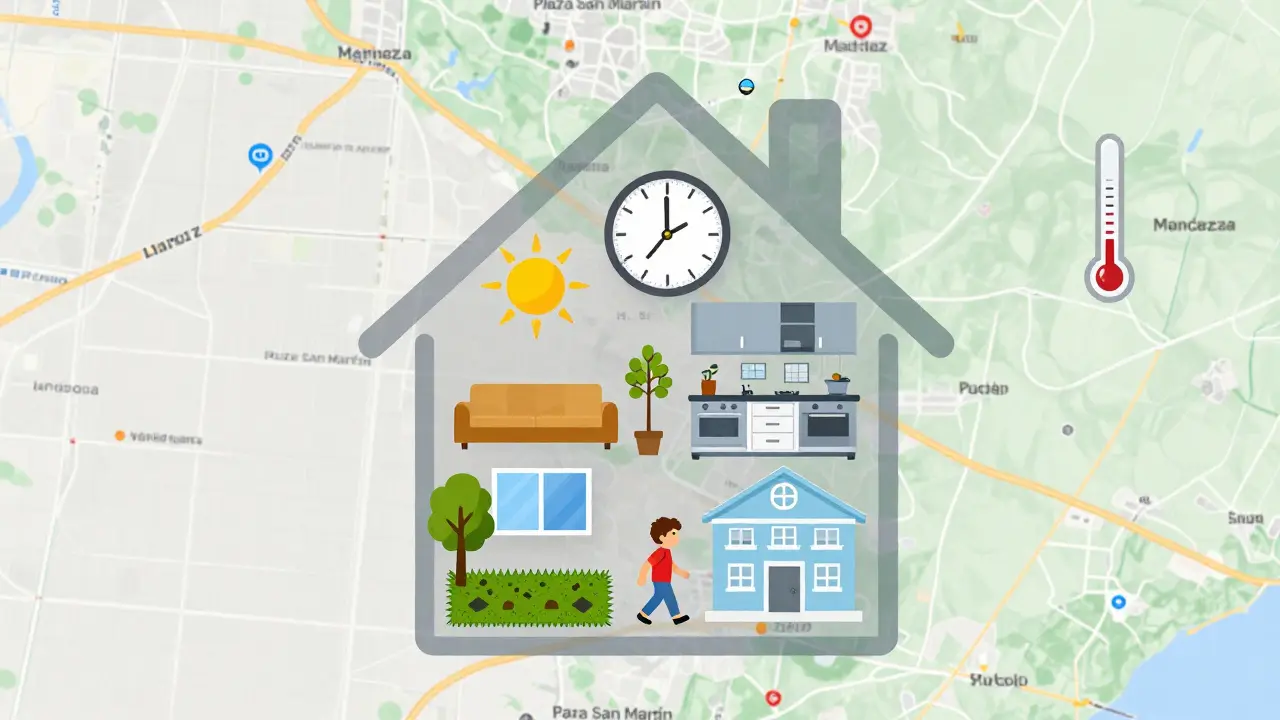 Casa transparente con símbolos visuales que representan sol, jardín, escuela y clima, integrados en un mapa de Mendoza.