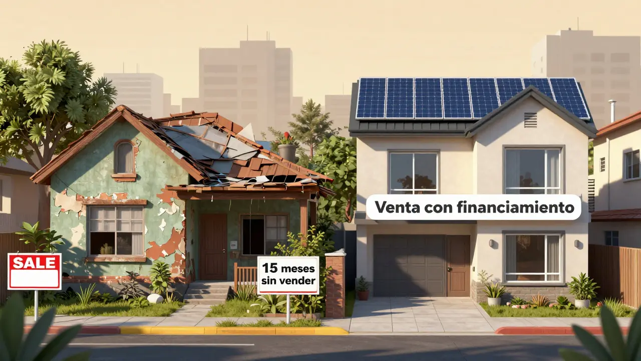 Casa vieja sin vender al lado de una propiedad reformada con tecnología moderna.