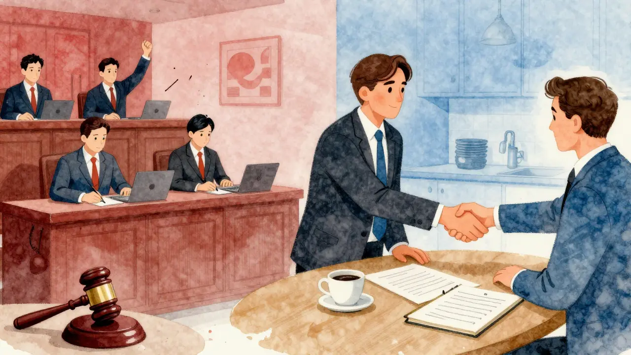 Comparación artística entre un juicio caótico y una conversación pacífica para resolver un conflicto de alquiler.