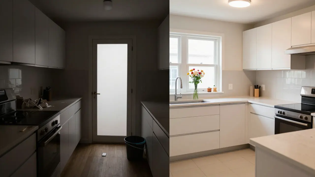 Contraste entre una cocina mal fotografiada con sombras y desorden, y la misma cocina iluminada profesionalmente.