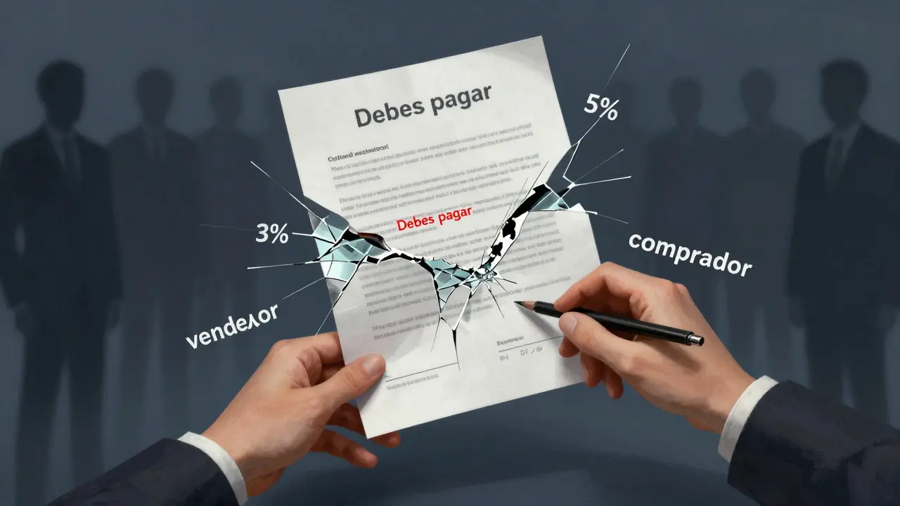 Contrato desgarrado con porcentajes de comisión que se rompen, manos intentando firmar bajo observación silenciosa.