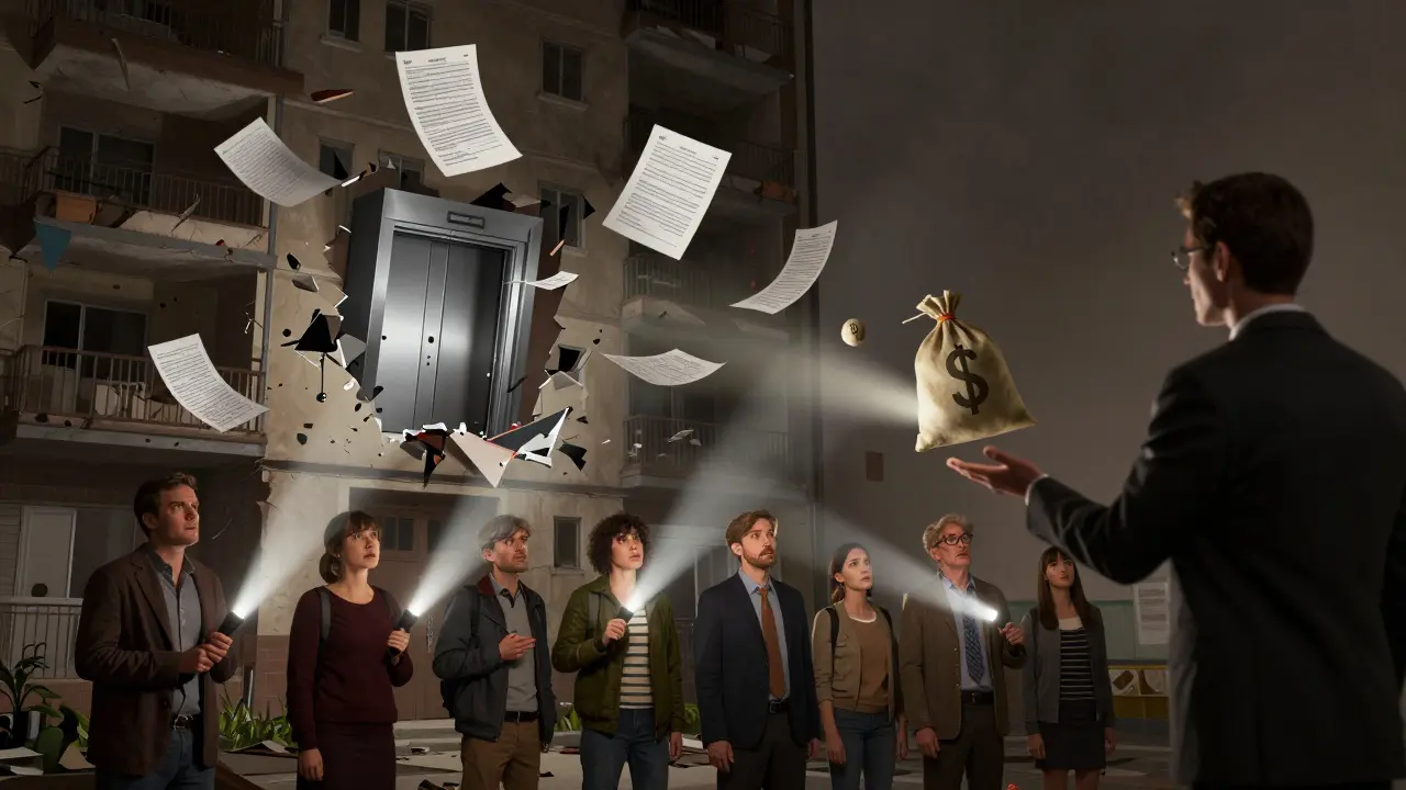 Edificio en ruinas con documentos legales y bolsas de dinero vacías, simbolizando mala administración.