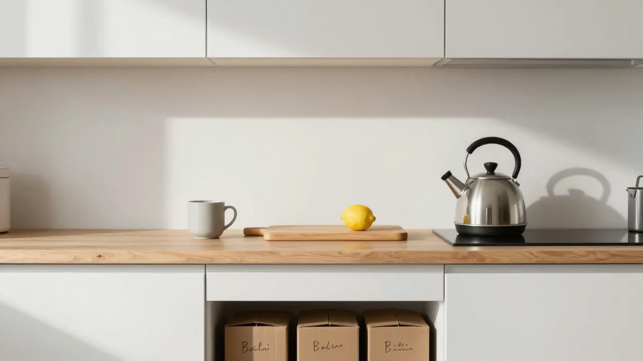 Encimera de cocina minimalista con solo tres objetos esenciales, armarios cerrados y cajas de cartón etiquetadas debajo.