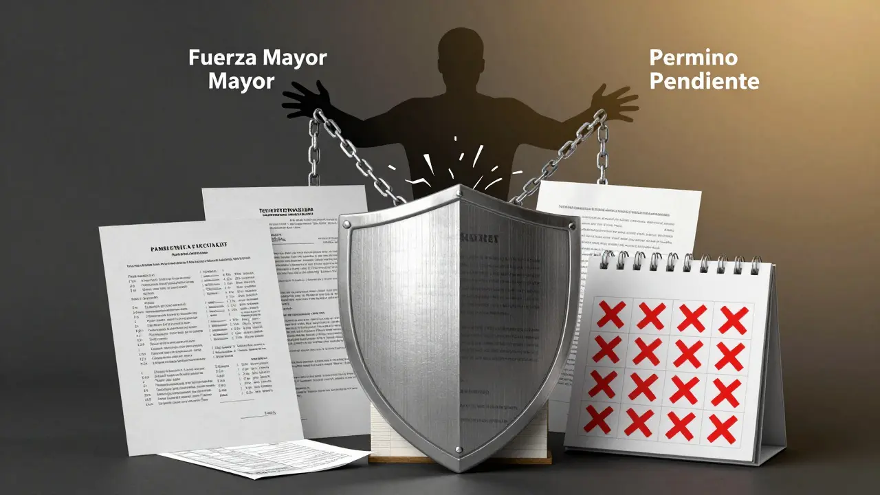 Escudo formado por documentos legales protege una casa de intentos de evasión de responsabilidad por retrasos.