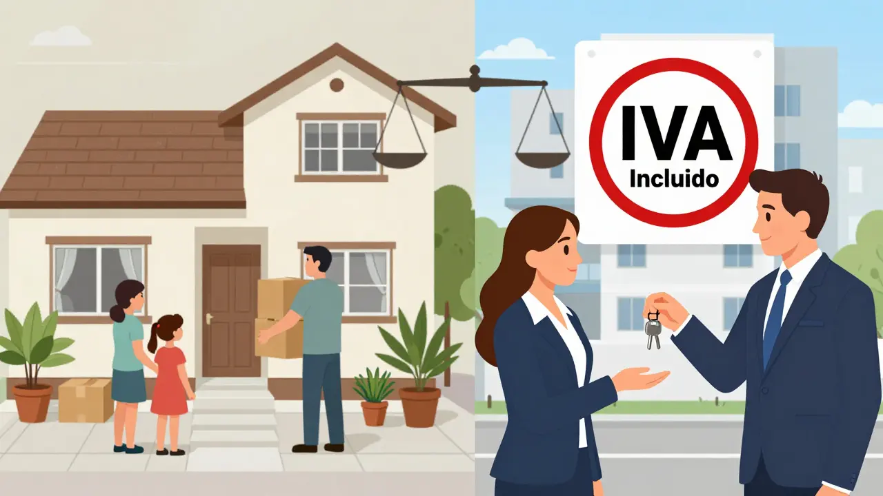 Familia en casa renovada vs. comprador recibiendo llaves de departamento nuevo, escenas contrastantes.