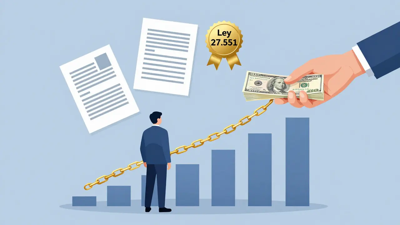 Gráfico de propiedad en aumento con inquilino y comprador conectados por una cadena dorada.