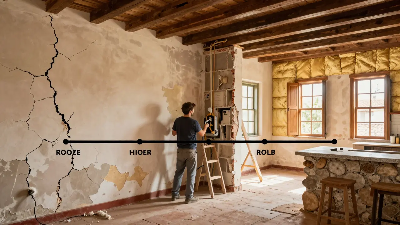 Ilustración de reforma progresiva: desde paredes deterioradas hasta espacio iluminado con aislamiento y ventanas restauradas, en tonos terrosos.