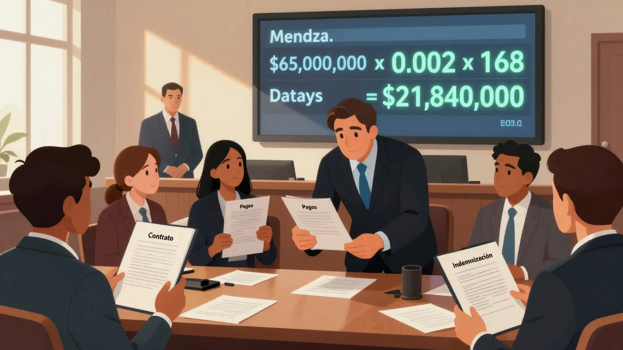 Jueces entregan una sentencia a compradores en una sala de justicia en Mendoza, con cálculos de indemnización en pantalla.