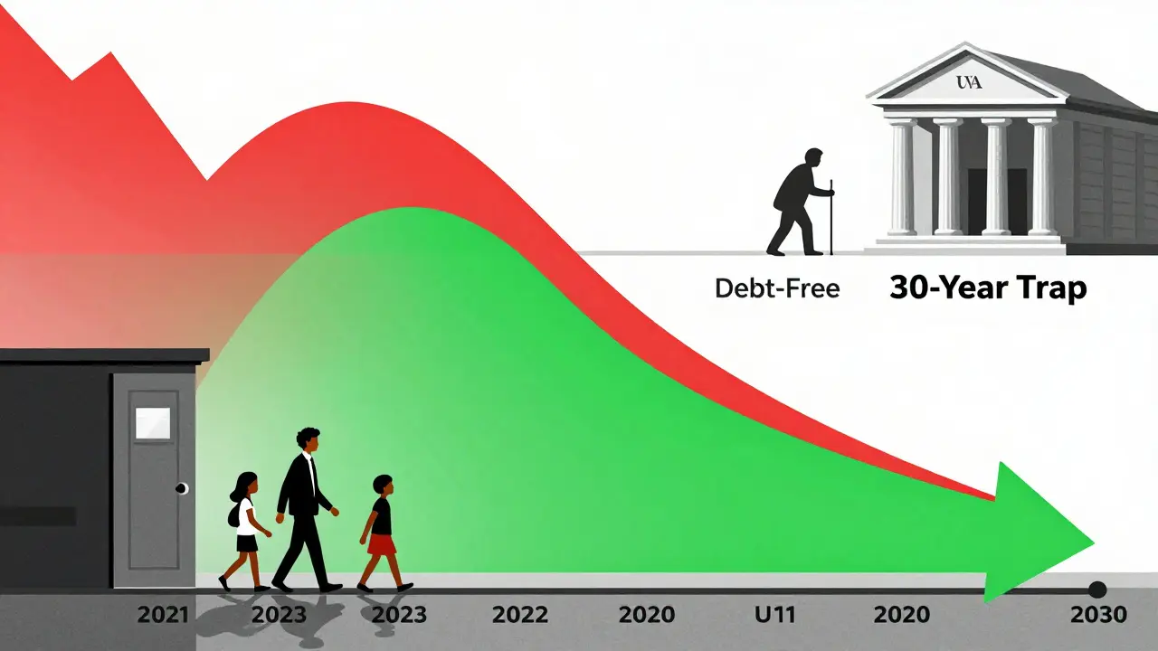 Línea de tiempo comparando deuda UVA creciente y reducida por pagos extras, con familia avanzando hacia la libertad financiera.