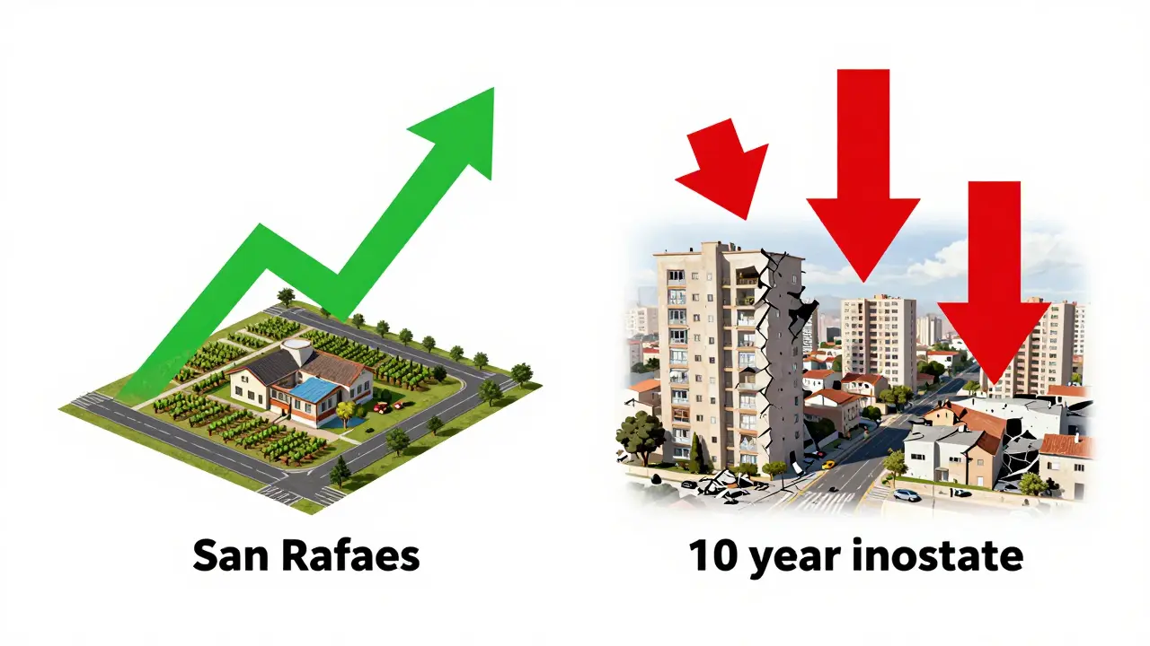 Línea de tiempo comparando terreno en desarrollo en San Rafael contra propiedad en declive.