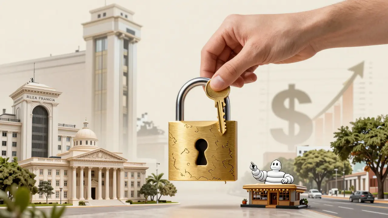 Llave dorada simbolizando inversión en Barrio Norte rodeada de íconos de educación, diplomacia y estabilidad.