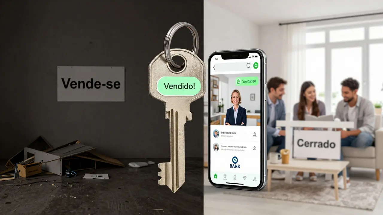 Llave simbólica que combina WhatsApp y una brochure profesional, con fondo contrastante de venta exitosa y fracaso.
